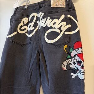 Ed Hardy Dark Gray Jeans with Skull and Heart Design